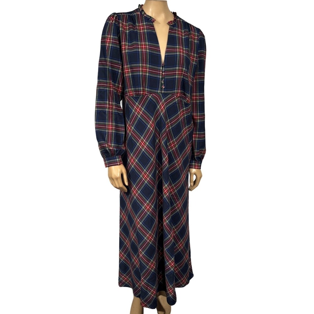 Boden Navy Red Tartan Plaid Ruffle V-Neck Midi Dress Long Sleeve Size 12R - Picture 6 of 12